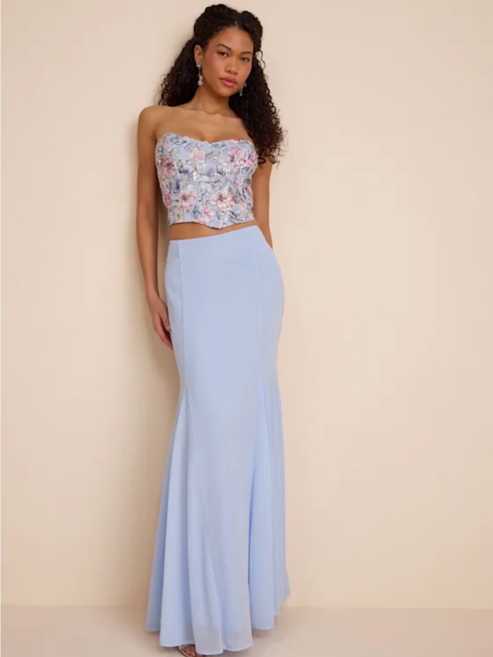Lulu's Light Blue Two-Piece Floral Bustier Prom Dress